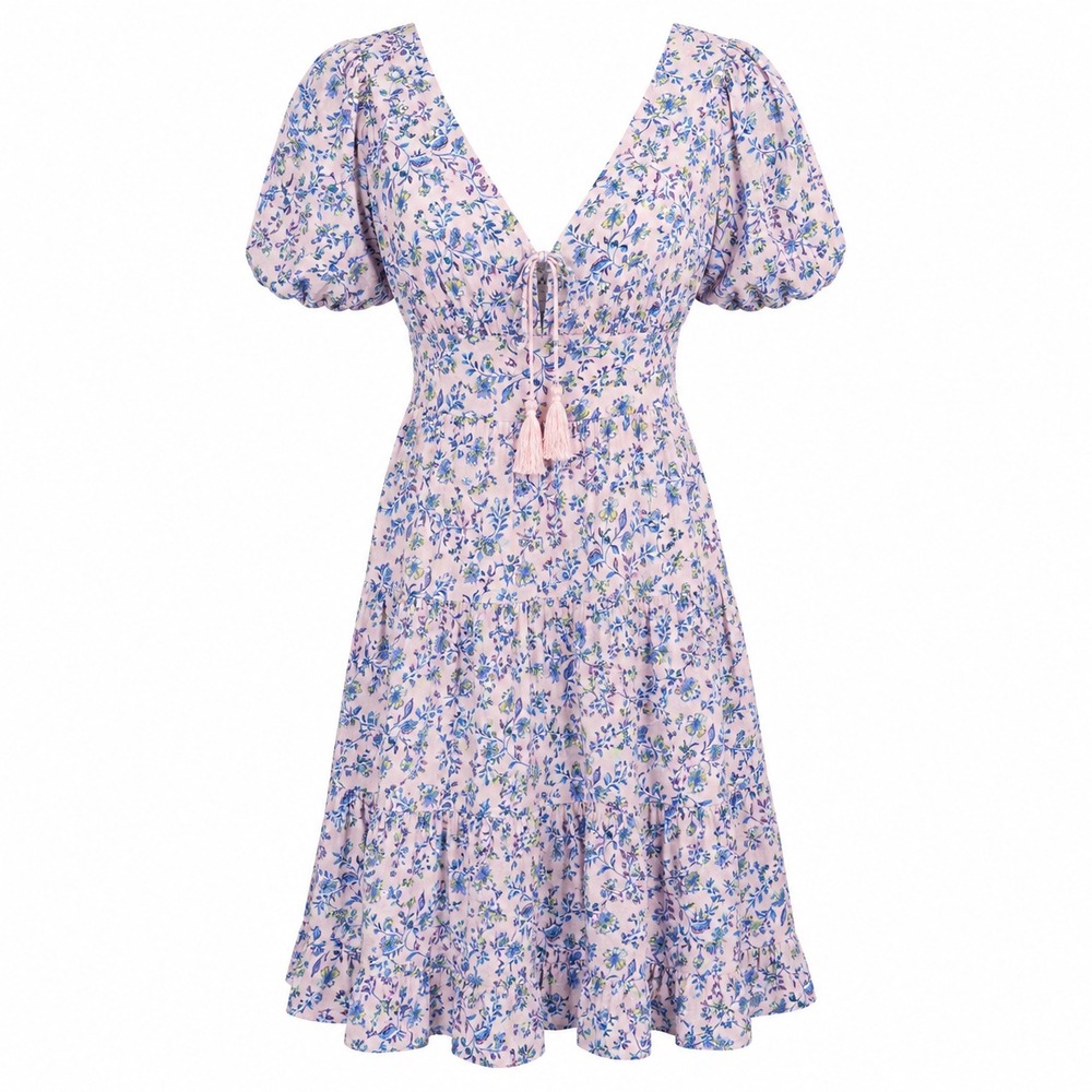 Romantic Cottagecore Bubble Sleeve Mini Dress Women XS Tasseled Coquette Floral